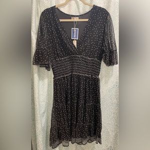 NWT Max Studio Black Polka Dot Short Sleeve Fit and Flare Dress. Size Large